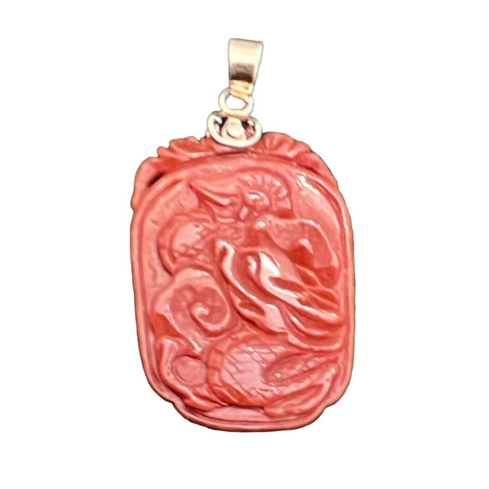 VINTAGE PENDANT CORAL FINE 14K GOLD CARVED ASIAN THEMED GENUINE DRAGON BAMBOO